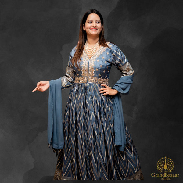 Grey Long Gown with Golden embroidery and Dupatta