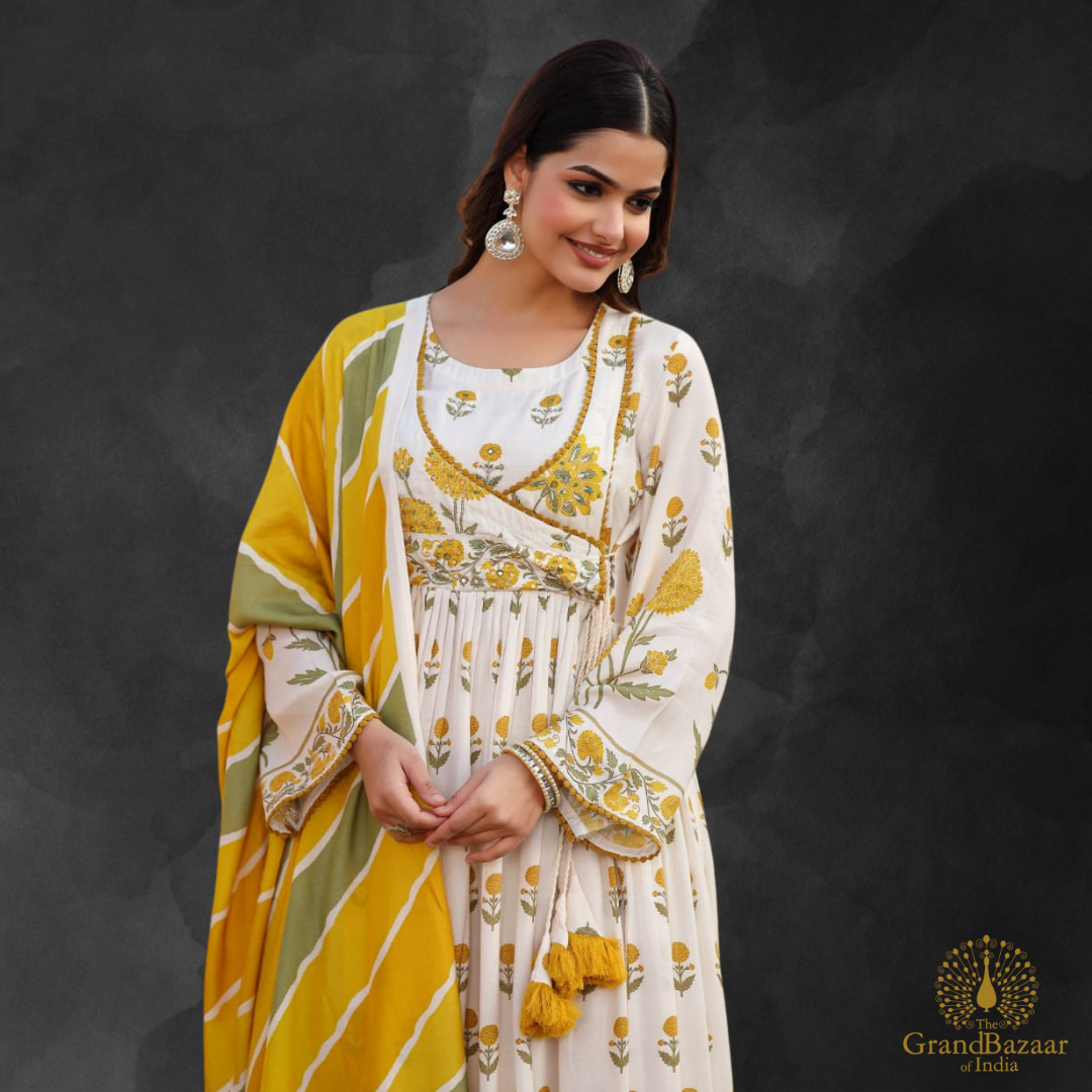 Off white kurti full set with yellow and green floral prints