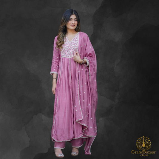Pinkish Purple Kurti Full set With Beige Embroidery