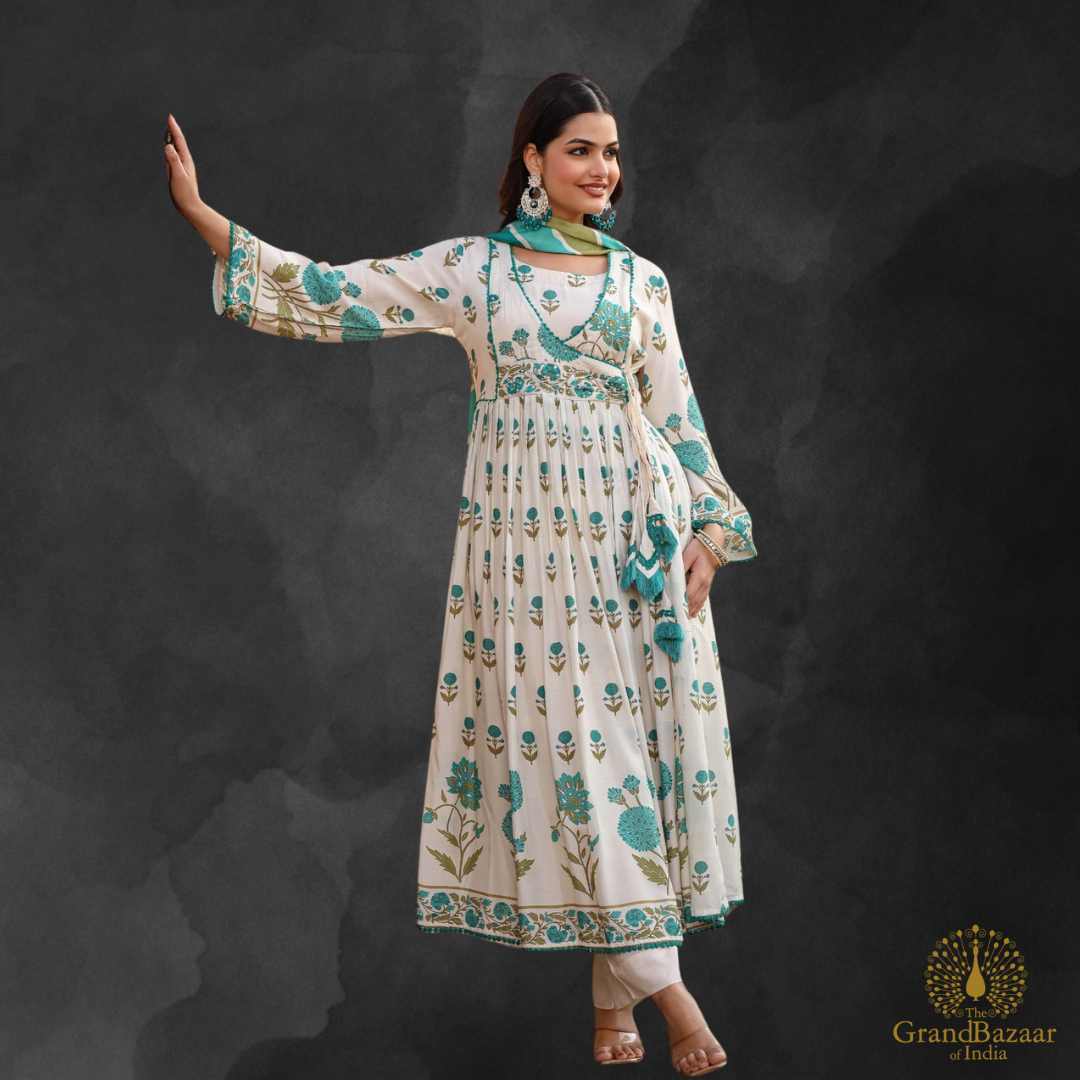 Off white kurti full set with green floral prints