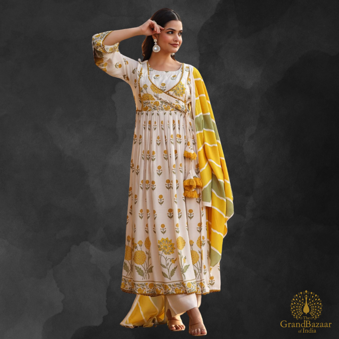 Off white kurti full set with yellow and green floral prints