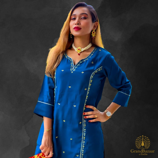 Blue kurti set with golden embroidery