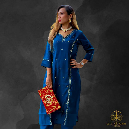 Blue kurti set with golden embroidery
