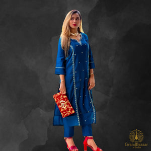 Blue kurti set with golden embroidery