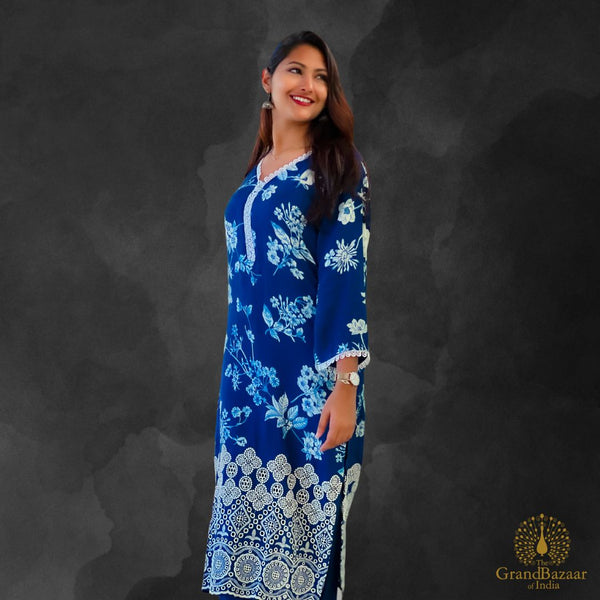 Blue kurti Full set with printed white floral