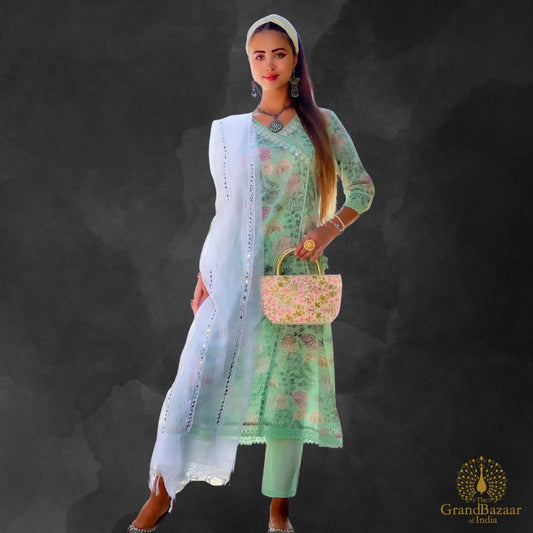 Light Green kurti set with printed florals