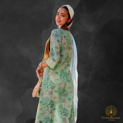 Light Green kurti set with printed florals