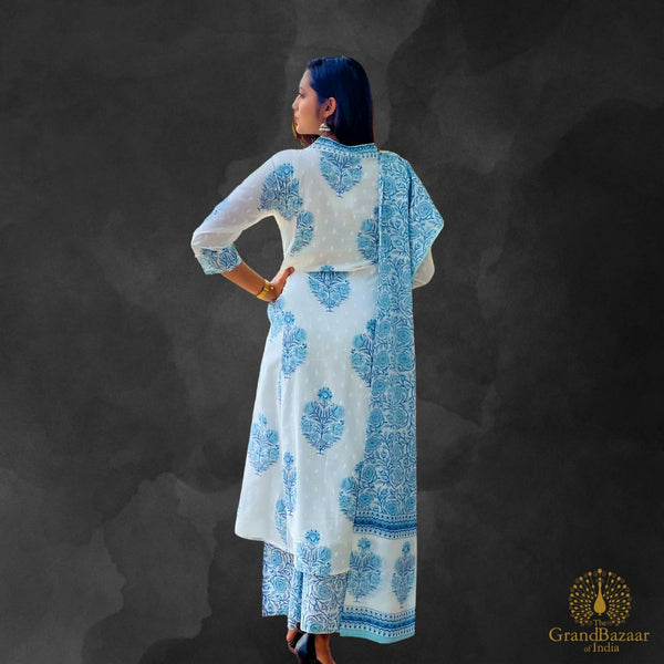 White Kurti with printed blue flower and Palazzo pant