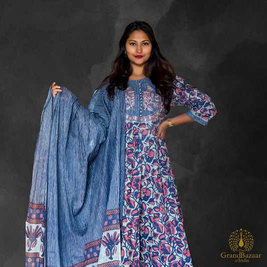 Blue kurti Full set with pink and light blue block prints