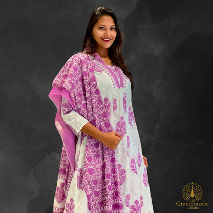 White kurti Full set with purple block prints