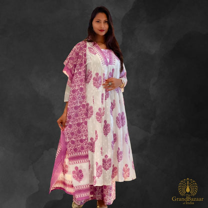 White kurti Full set with purple block prints