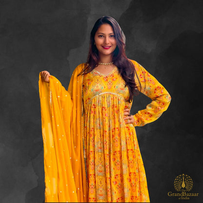 Yellow Kurti Full set with printed red flowers