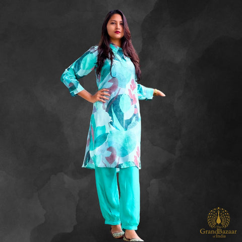 Green kurti set with pant with printed leaves