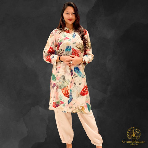 Off white kurti set with printed colorful flowers and plain pant