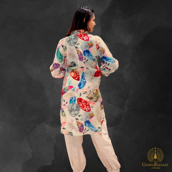 Off white kurti set with printed colorful flowers and plain pant
