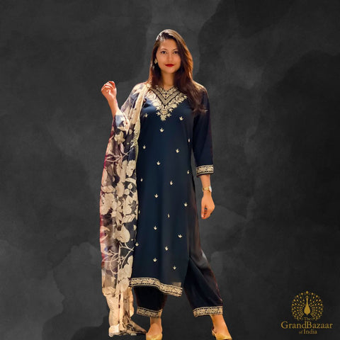 Black kurti full set with golden embroidery and a floral dupatta