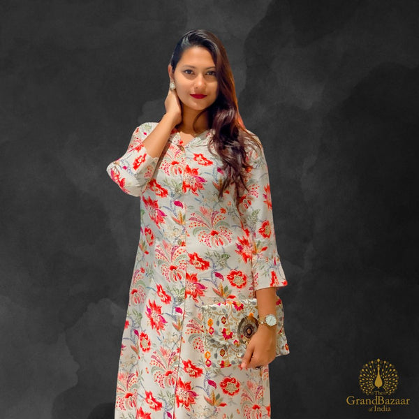 Kurti set with red floral prints