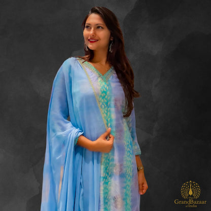 Ingido kurti full set with light blue pant and dupatta with green and gold block prints