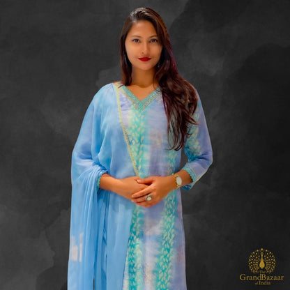 Ingido kurti full set with light blue pant and dupatta with green and gold block prints