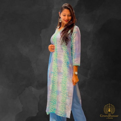 Ingido kurti full set with light blue pant and dupatta with green and gold block prints