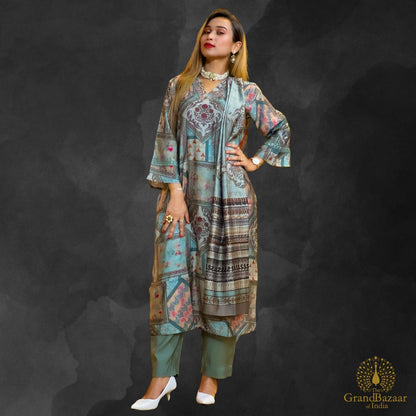 Grey kurti full set with block prints