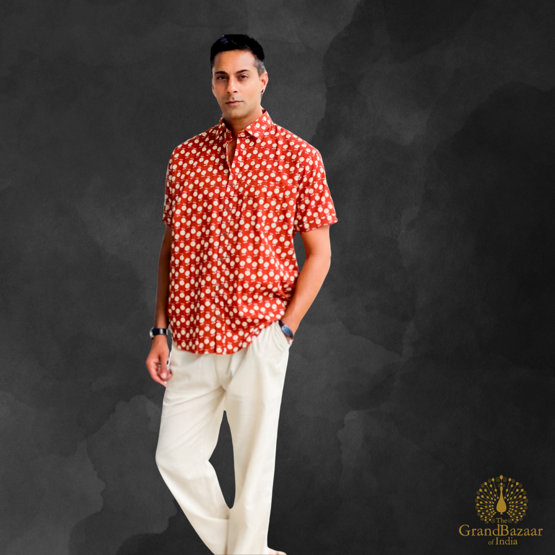 Rust Red Printed Cotton Short Sleeve Shirt - (MSHIRT-HALF-05-FEB26)
