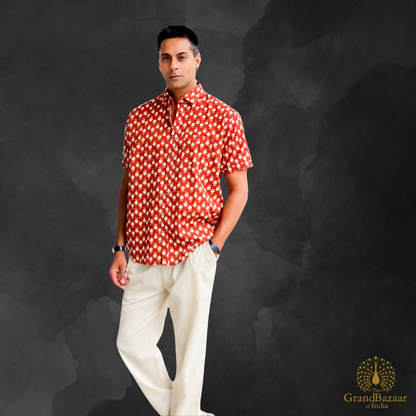 Rust Red Printed Cotton Short Sleeve Shirt - (MSHIRT-HALF-05-FEB26)