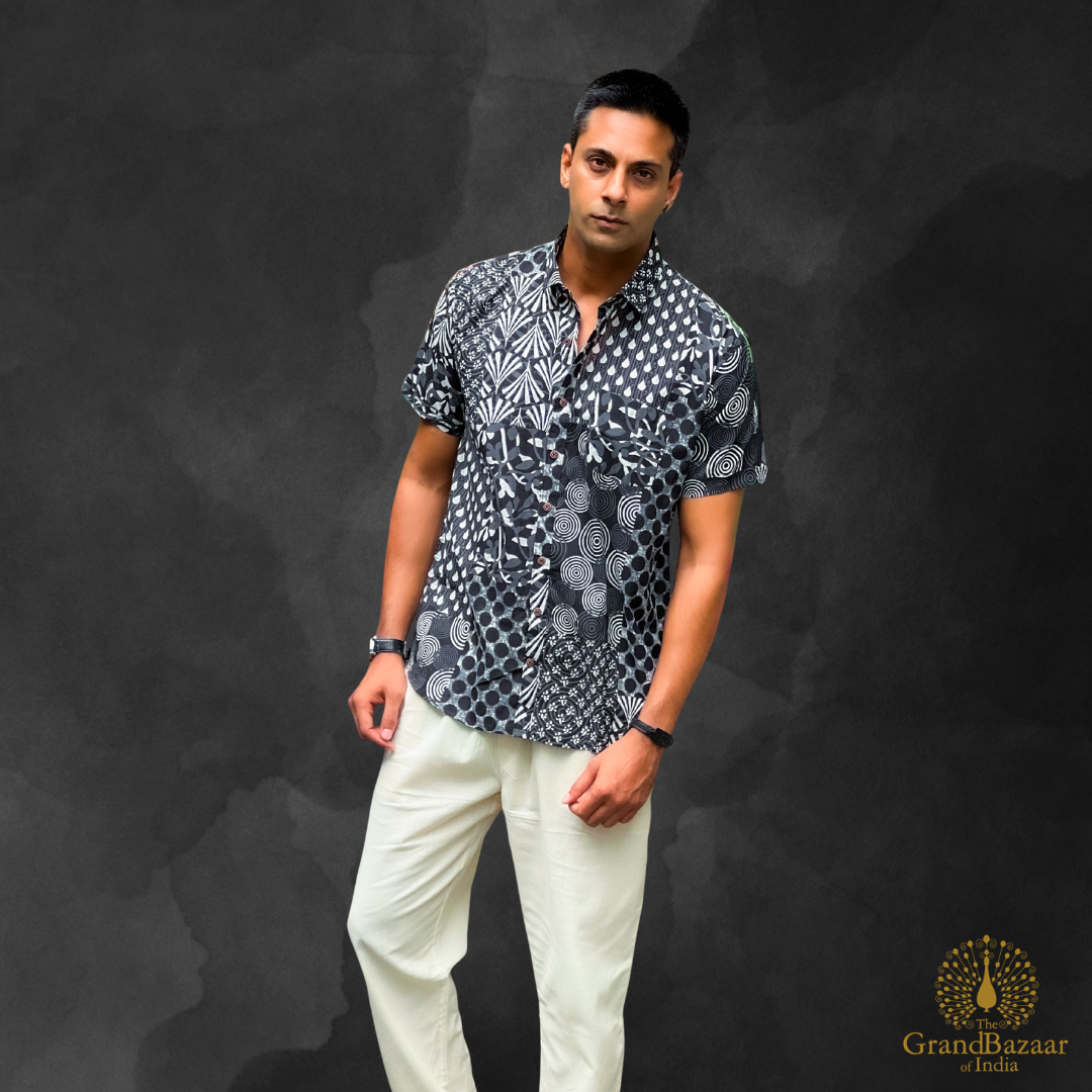 Indigo Mosaic Artisan Cotton Shirt – Hand-Block Inspired Print (MSHIRT-HALF-33-FEB26)