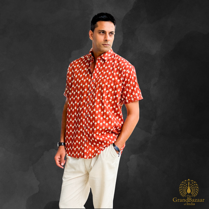 Rust Red Printed Cotton Short Sleeve Shirt - (MSHIRT-HALF-05-FEB26)