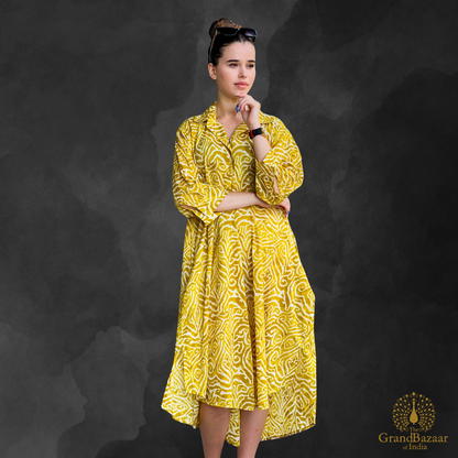 Mustard Yellow & White Swirl Print Cotton Shirt Dress – Midi Length (COTTON-DRESS-04-FEB26)