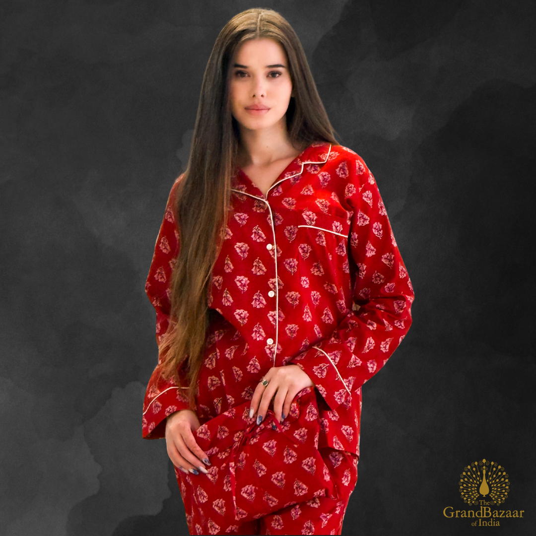 Hand-Printed Cotton Night Suit Set - Ruby Floral (NIGHT-SUIT-09-FEB26)