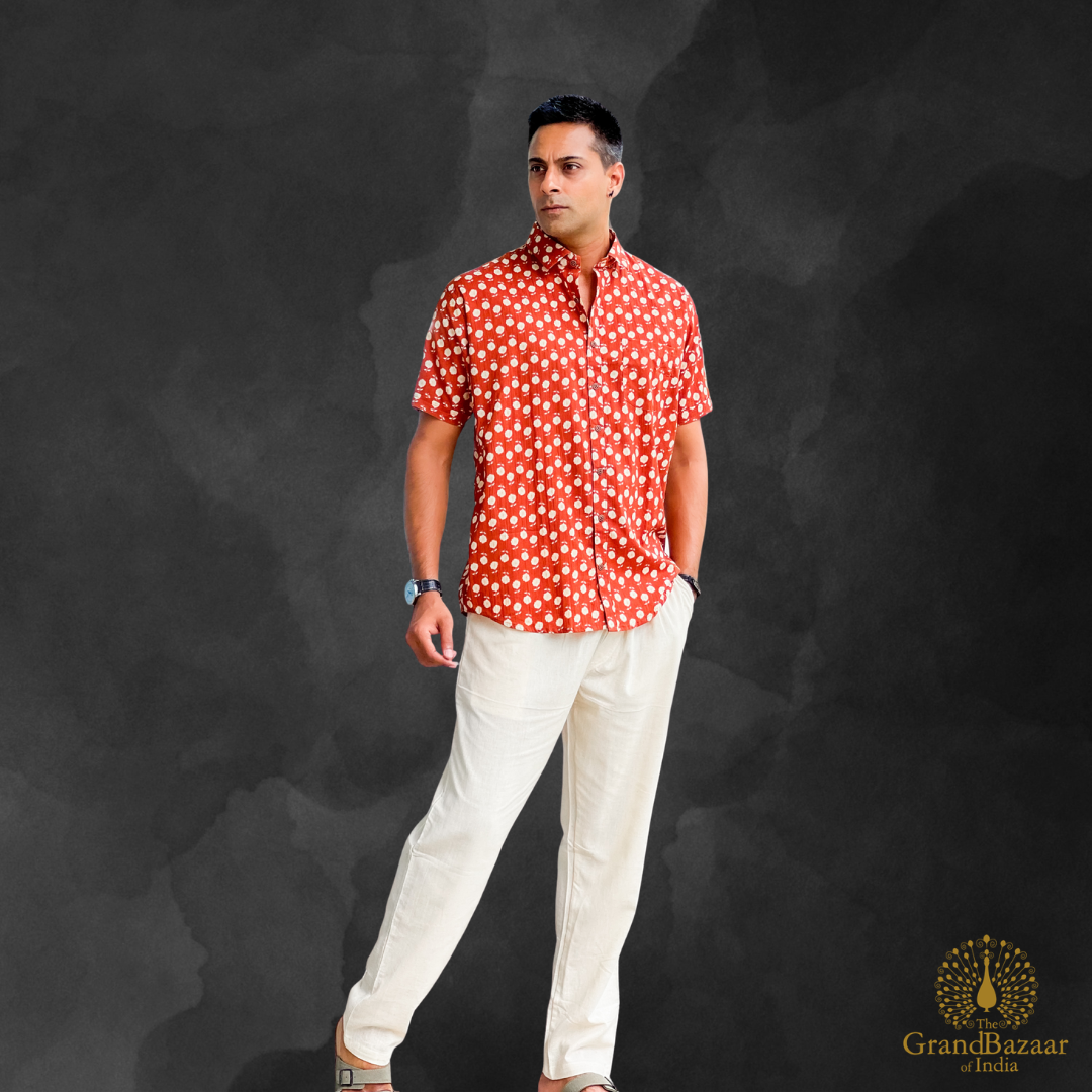 Rust Red Printed Cotton Short Sleeve Shirt - (MSHIRT-HALF-05-FEB26)
