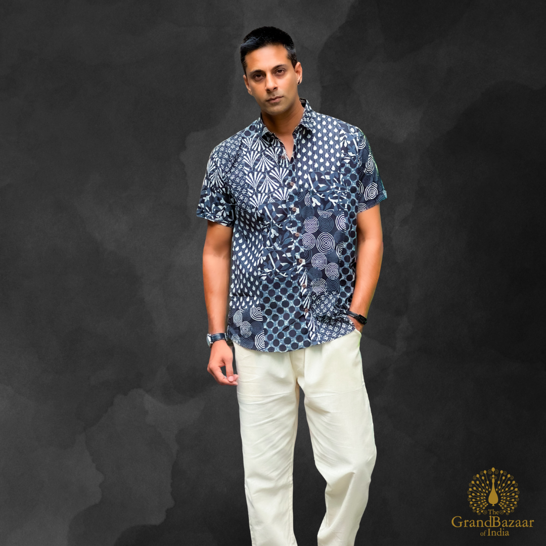 Indigo Mosaic Artisan Cotton Shirt – Hand-Block Inspired Print (MSHIRT-HALF-33-FEB26)
