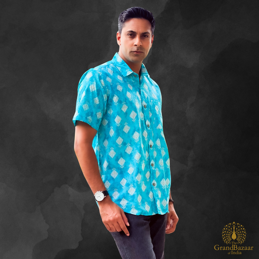 Men’s Cotton Printed Short Sleeve Shirt – Turquoise (MSHIRT-HALF-40-JL25