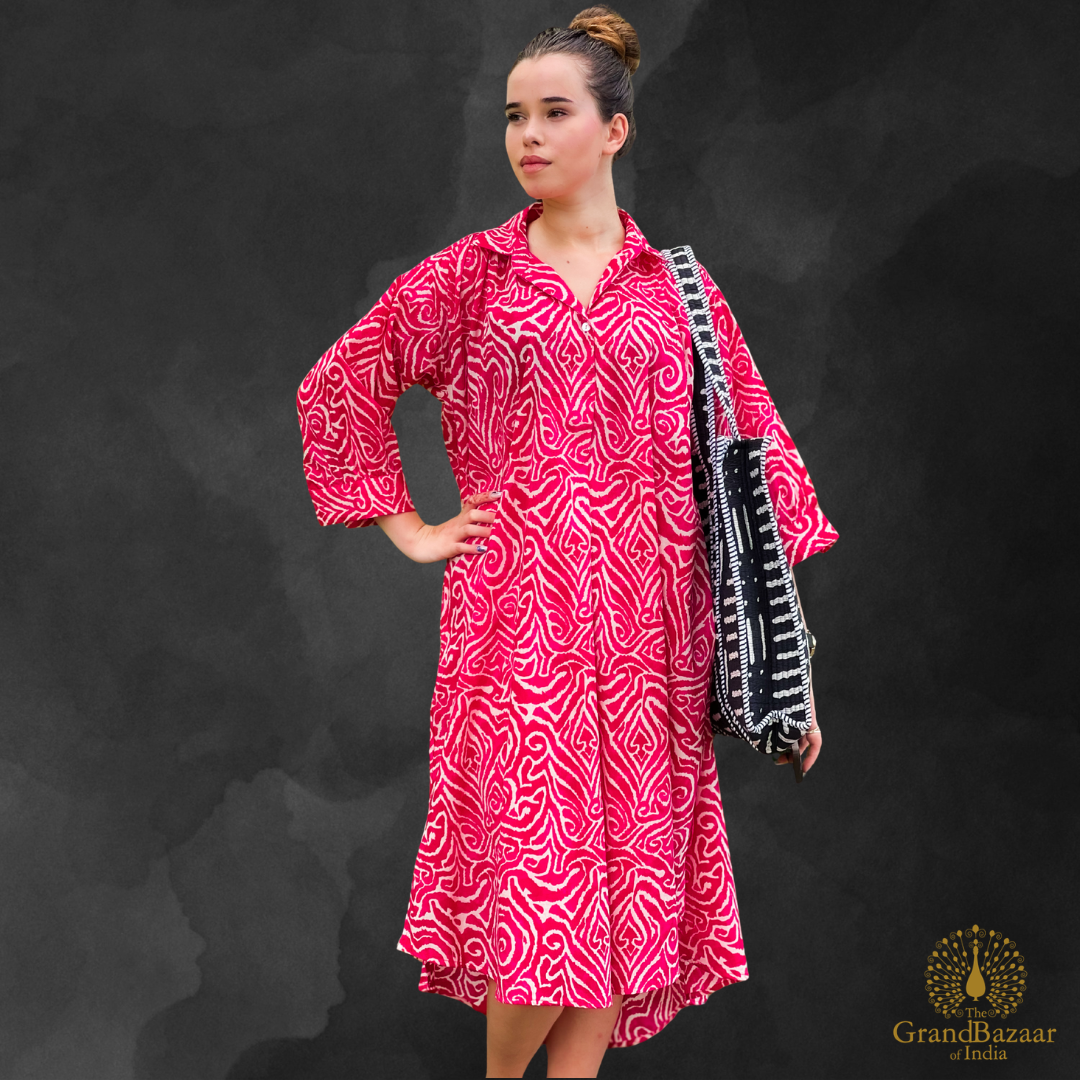 Fuchsia Swirl Artisan Cotton Shirt Dress (COTTON-DRESS-08-FEB26)