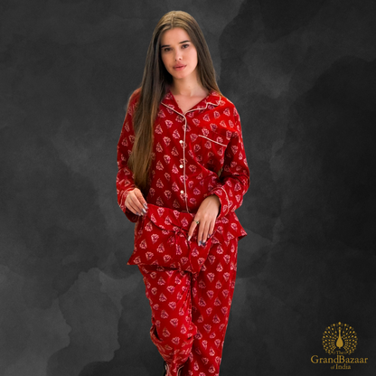 Hand-Printed Cotton Night Suit Set - Ruby Floral (NIGHT-SUIT-09-FEB26)