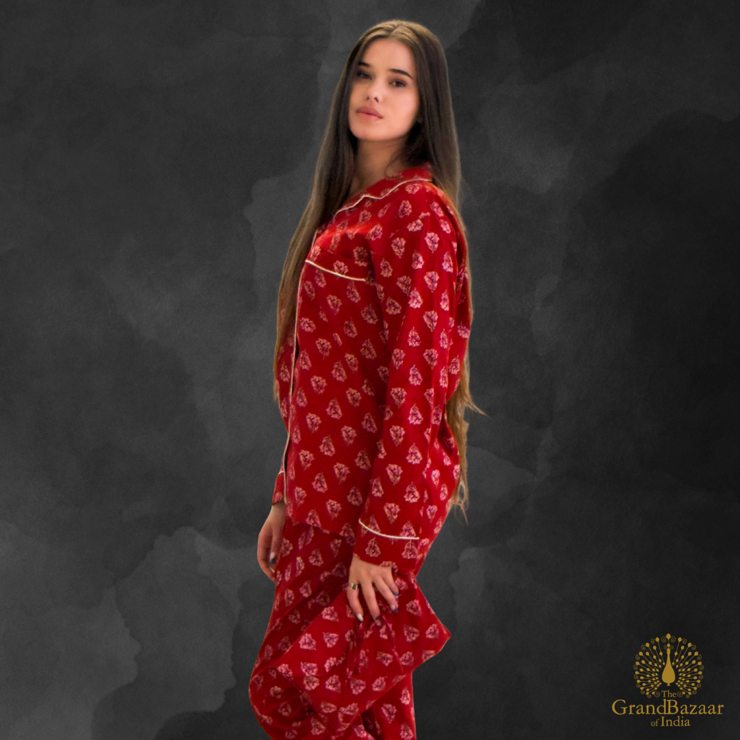 Hand-Printed Cotton Night Suit Set - Ruby Floral (NIGHT-SUIT-09-FEB26)