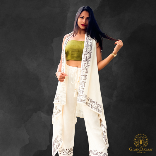 Women’s Cotton Three-Piece Co-Ord Set – Off White (CST-29-JL25)