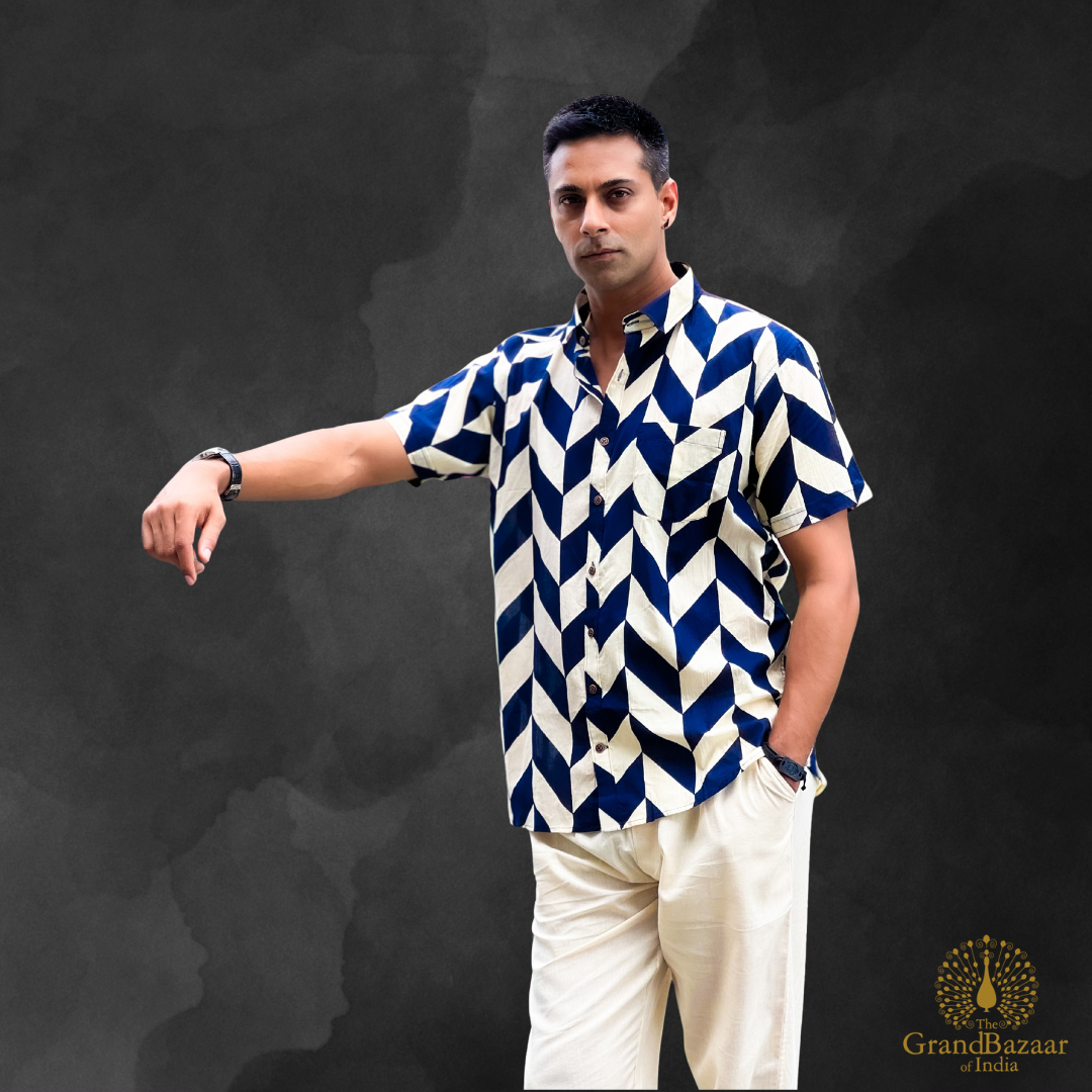 Men’s Indigo Chevron Block Print (MSHIRT-HALF-32-FEB26)