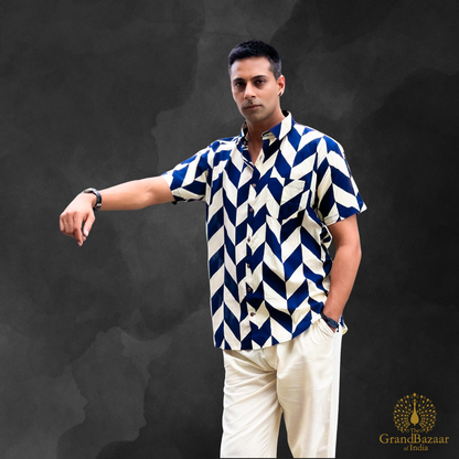 Men’s Indigo Chevron Block Print (MSHIRT-HALF-32-FEB26)