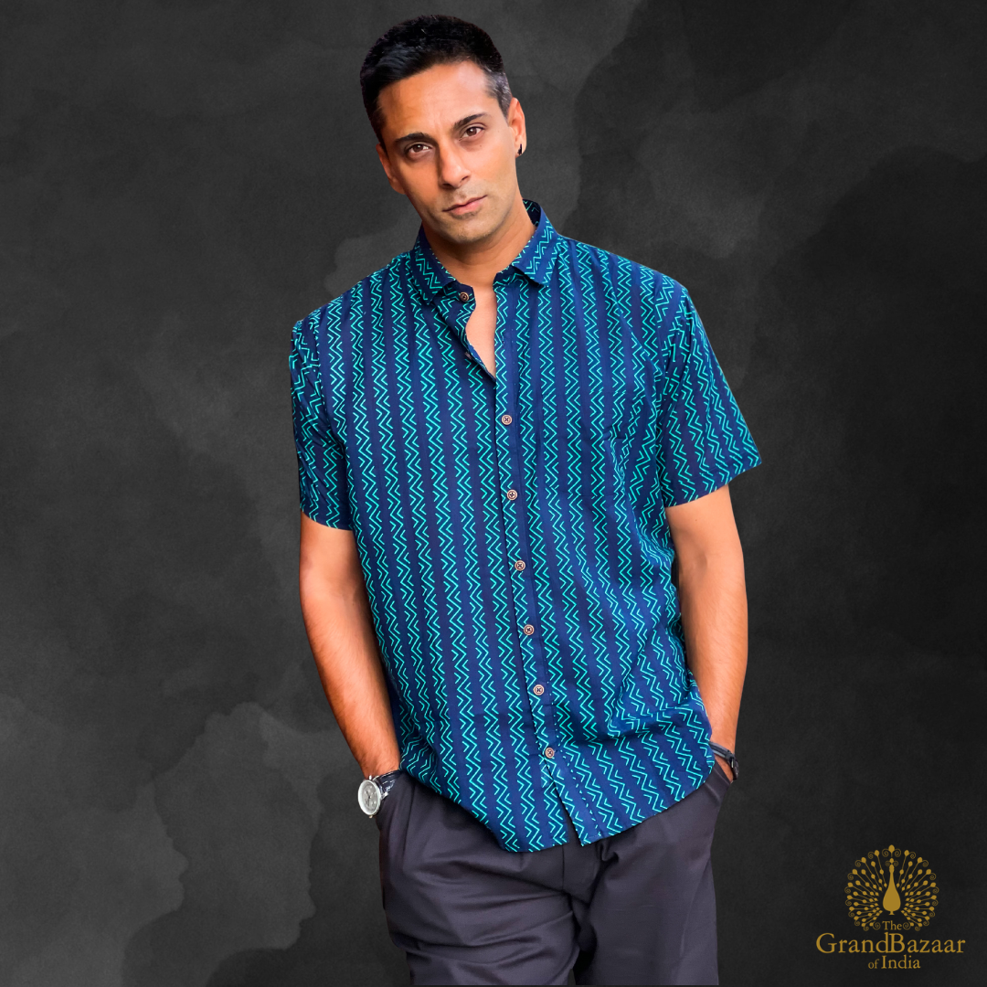 Azure Zig-Zag Hand-Block Printed Cotton Shirt (MSHIRT-HALF-31-FEB26)