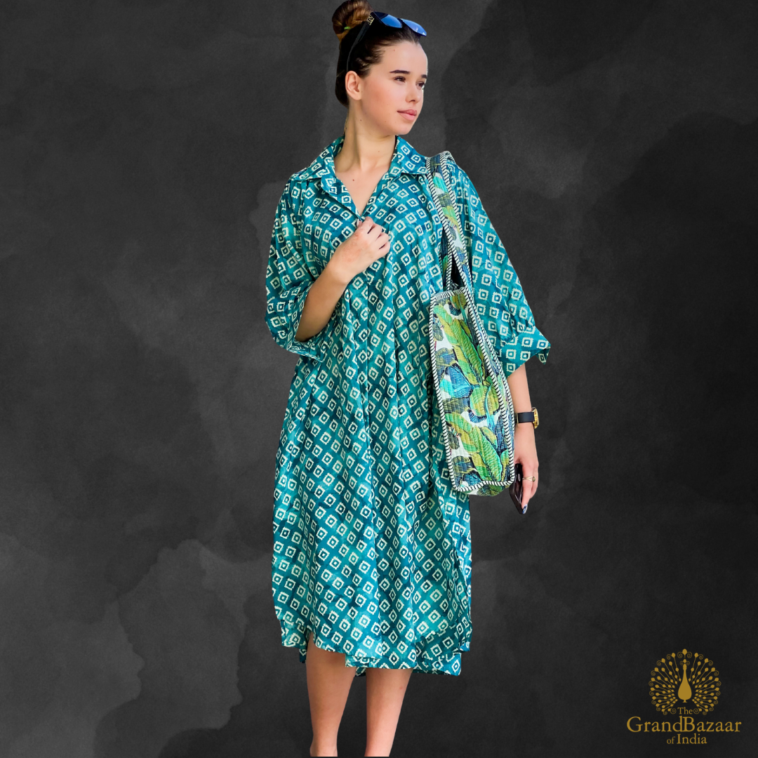 Teal Geometric Diamond Print Cotton Shirt Dress – Midi Length (COTTON-DRESS-03-FEB26)