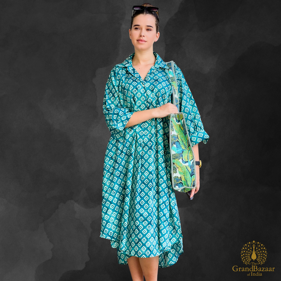 Teal Geometric Diamond Print Cotton Shirt Dress – Midi Length (COTTON-DRESS-03-FEB26)