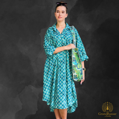 Teal Geometric Diamond Print Cotton Shirt Dress – Midi Length (COTTON-DRESS-03-FEB26)