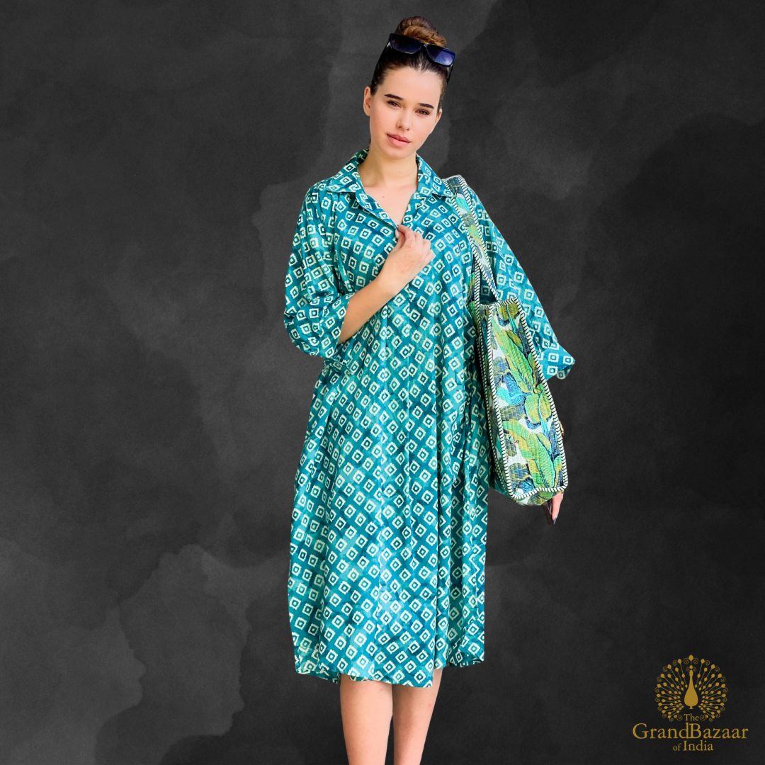Teal Geometric Diamond Print Cotton Shirt Dress – Midi Length (COTTON-DRESS-03-FEB26)