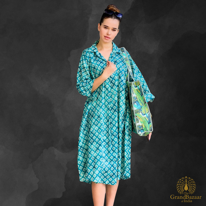 Teal Geometric Diamond Print Cotton Shirt Dress – Midi Length (COTTON-DRESS-03-FEB26)