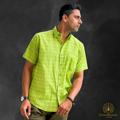 Men’s Lime Green Printed Cotton Shirt – Short Sleeve (MSHIRT-HALF-43-JL25)