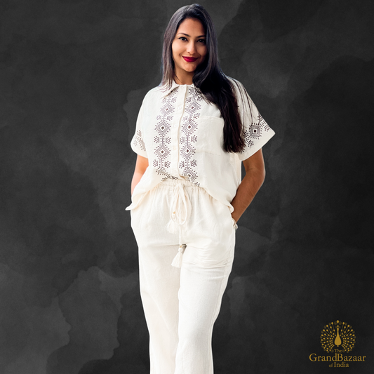 Elegant Cotton Embroidered Co-Ord Set – White (CST-27-JL25)