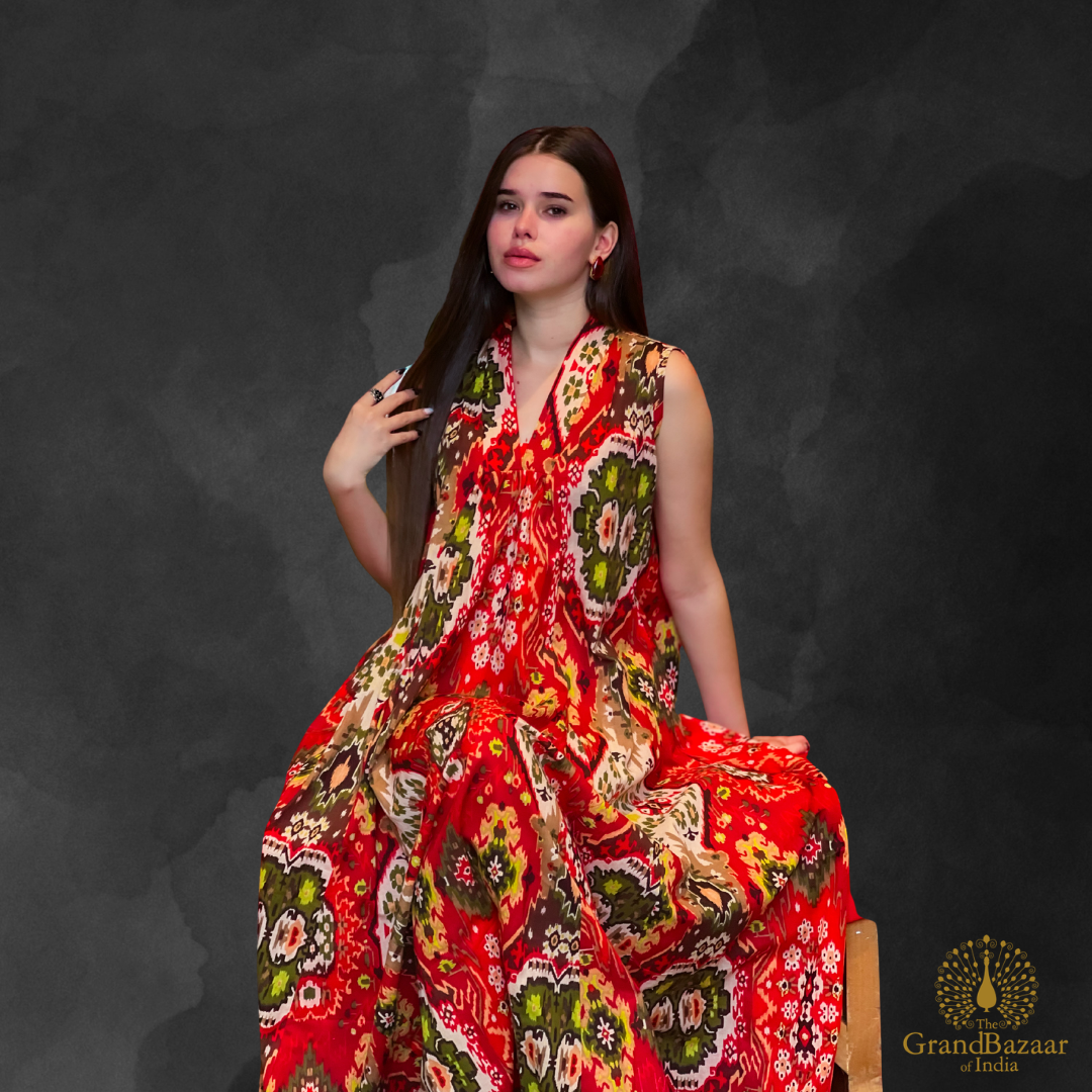 Crimson Heritage Ikat Print Maxi Dress – Pure Cotton Free-Size Dress (COTTON-DRESS-03-2999-FEB26)