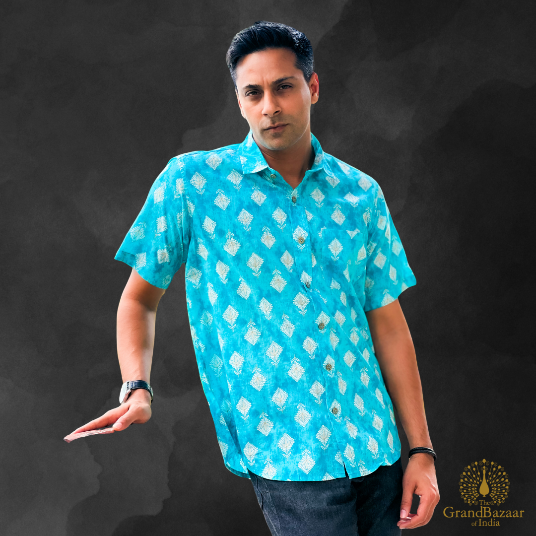 Men’s Cotton Printed Short Sleeve Shirt – Turquoise (MSHIRT-HALF-40-JL25